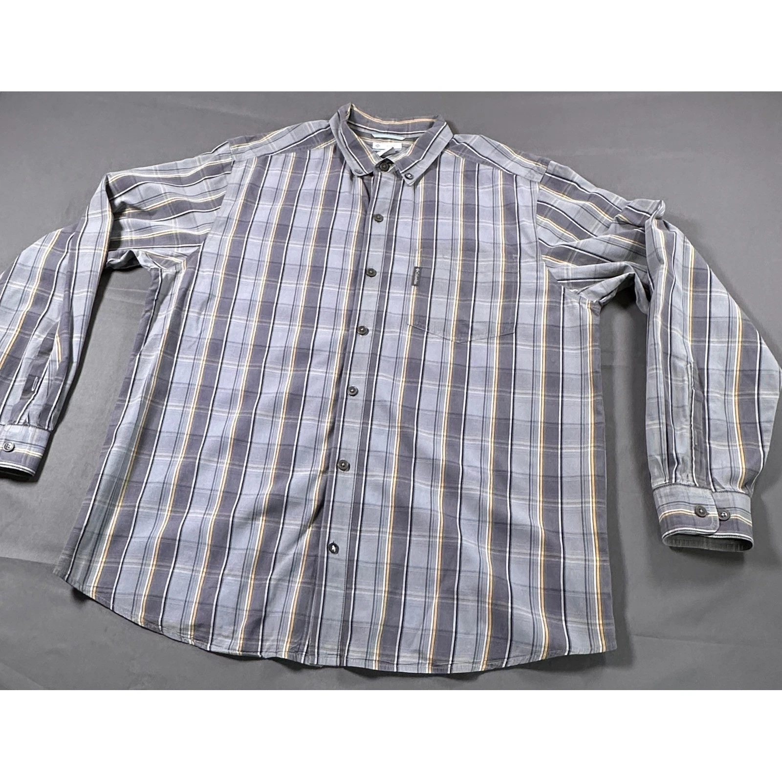 Columbia Mens Plaid Button Down Shirt Blue Gray Yellow Cotton AM7242 Large