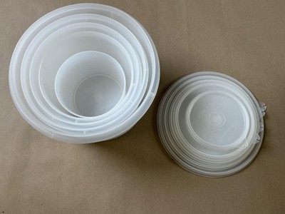 Tupperware Storage Container Set 10pc White Plastic Round Nesting Bowls Lids