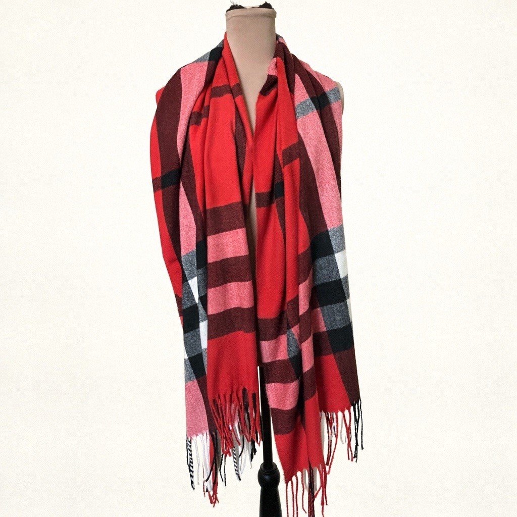 Sky Cashmere Buffalo Check Red Black White Scarf 100% Virgin Wool 28”x70” Fringe