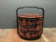 Vintage 3 Tier Lacquer Bento Lunch Box w/Handle black orange floral 8”