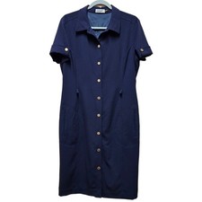 Calvin Klein Navy Blue Button Front Midi Dress Short Sleeve NO BELT Size 12