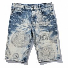GS115 Money Print Acid Wash Denim Shorts, Blue White, Kids Size 12 Streetwear