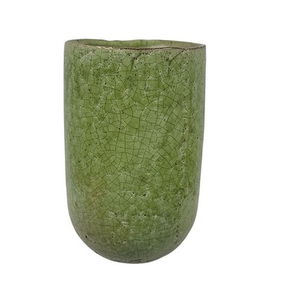 Candy Apple Green Crackled Glaze Clay Pottery Vase Vtg 7'' Tall X 4.25'' Diameter