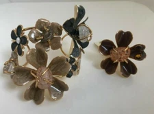 Mia Floral Wide Bangle Bracelet Cocktail Ring Set Adjustable Topaz Peach Stones