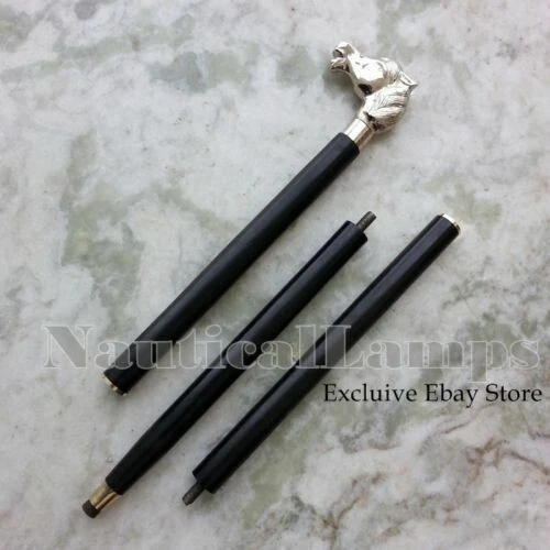 Bastão de caminhada vintage antigo com acabamento em latão cabo de cabeça de cavalo preto madeira - Imagem 2 de 4