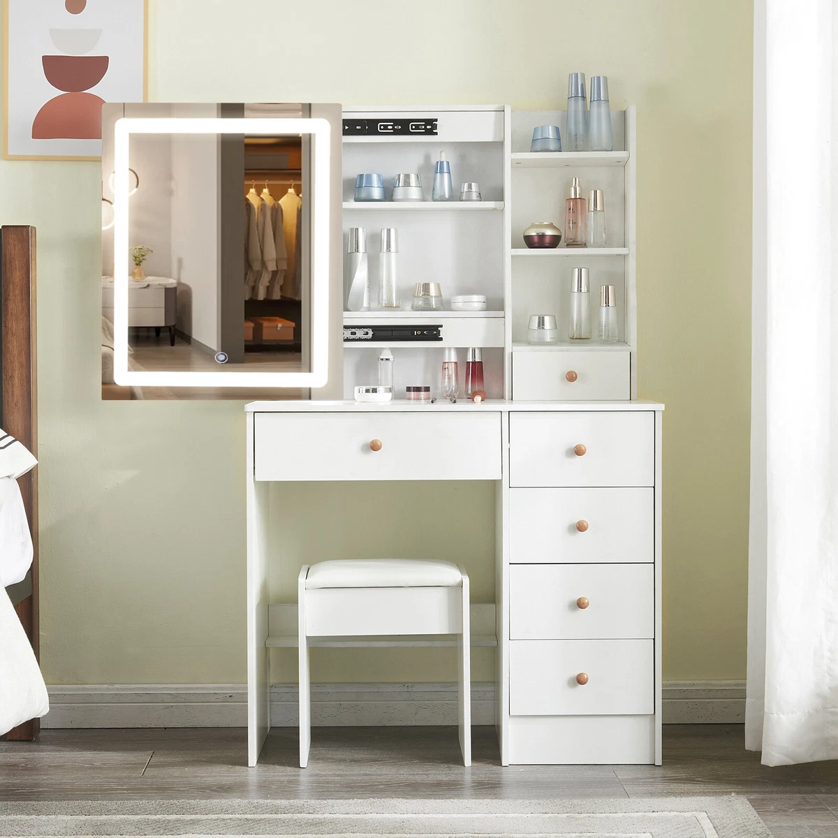 White vanity set cheap with lighted mirror