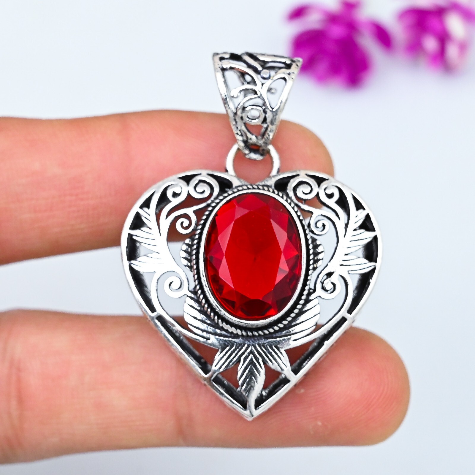 Beautiful Red Garnet Gemstone 925 Sterling Silver Handmade Heart Pendant Jewelry