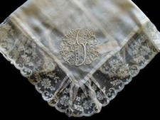 Fabulous Madeira Hand Embroidered Linen Wedding Hanky with Rare Lace  Orig Lbl