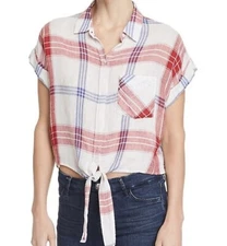 Rails Amelie Plaid Tie Front Crop Button Down Top Red White Blue S
