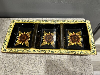 Mexican Hand Painted Pottery Ceramic Chip Dip Salsa Dish Bowl Sunflower EUC