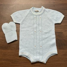 Vtg Italy Knit Romper Baby Blue One Piece Sz 3m mittens Strawbridge & Clothier