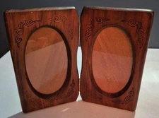 Vintage Wood Oval Double Frame Photo Picture Bi Folding W/ Engraving-Read