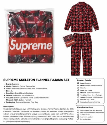Supreme Skeleton Flannel Pajama Set XL Red Black Plaid Christmas