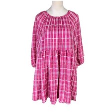 Madewell S Azalea Pink & White Plaid Shirred Pockets Babydoll Summer Mini Dress