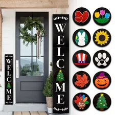 Welcome Sign for Front Porch Standing, Interchangeable Wooden Sign with 5 Des...