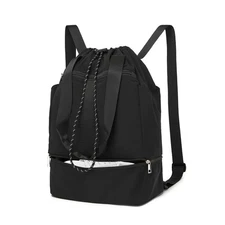 Drawstring Gym Backpack Shoe Compartment String Sack Waterproof Tote Black