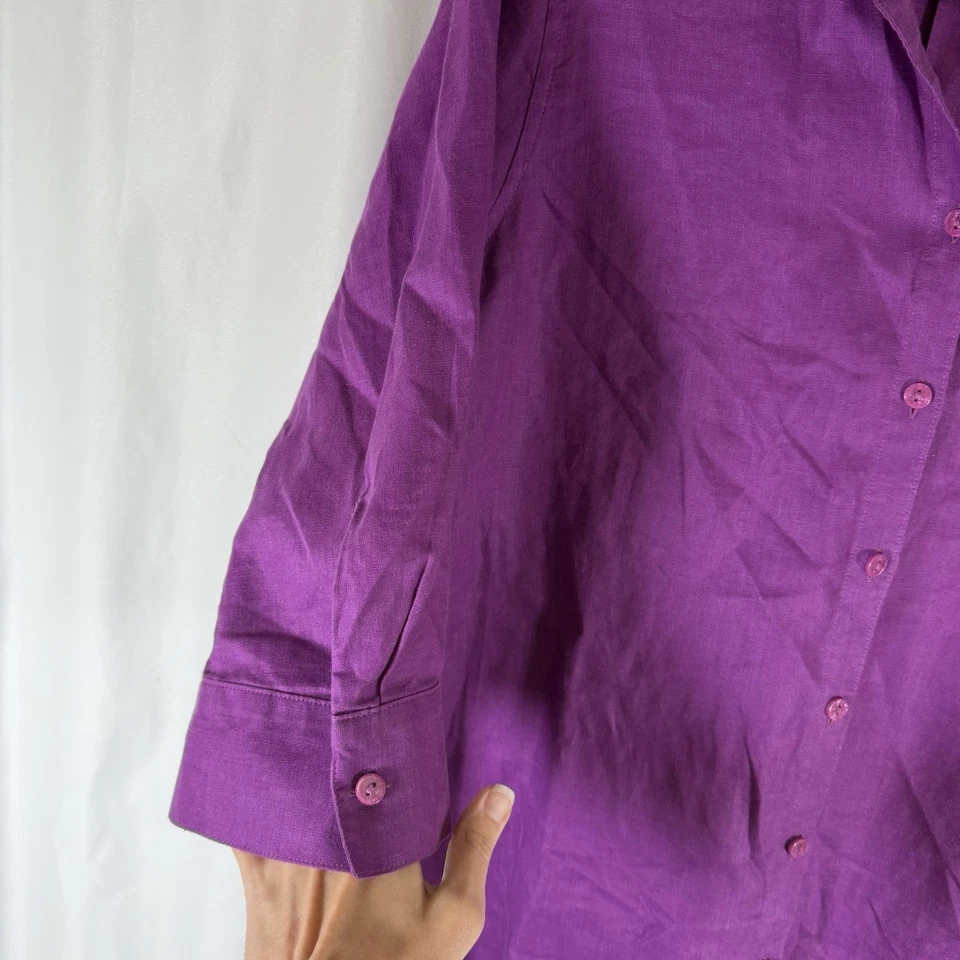 Blusa para mujer Chico's 100 % lino 0 4-6 púrpura abotonada manga 3/4 sin planchar Foto 3 de 4