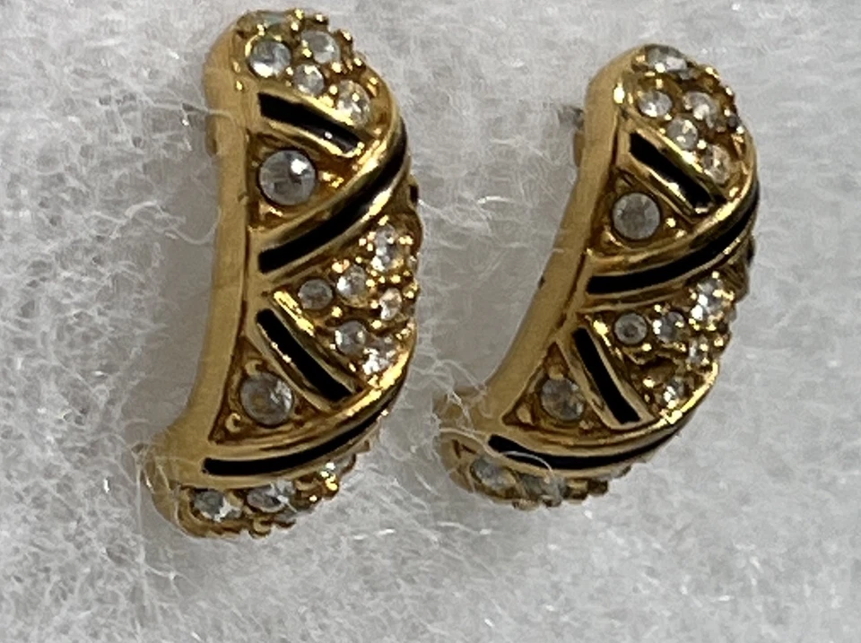 Swarovski Swan Signed Pierced Earrings Black Enamel Clear Crystal Half Hoop - Image 4 of 4