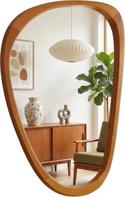 36''x24'' Warm Walnut Asymmetrical Mirror, Solid Wood Organic Wall Mount,Vanity