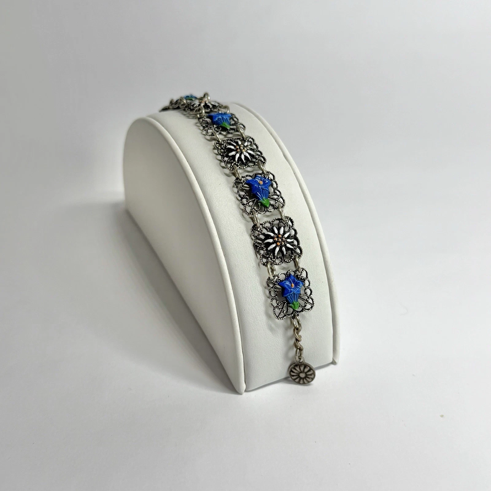 Edelweiss & Gentian Filigree Silver Tone Vintage Bracelet Jewelry Br227