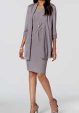 R M Richards Women Gray Metallic Sleeveless Pullover Dress and Jacket Set Size 8