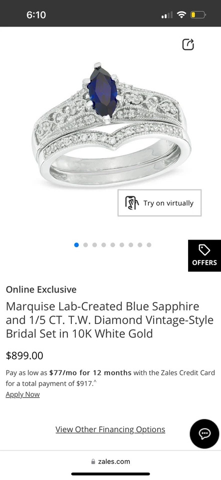 Anillo de compromiso de oro blanco de 10K zafiro creado en laboratorio diamante corte marquesa Foto 2 de 4