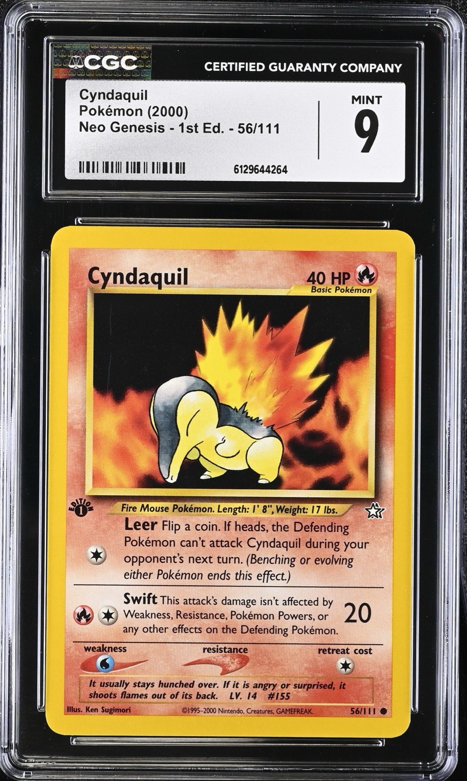 CGC 9 MINT Cyndaquil 56/111 Neo Genesis 1st Edition Vintage WOTC 2000 Pokemon