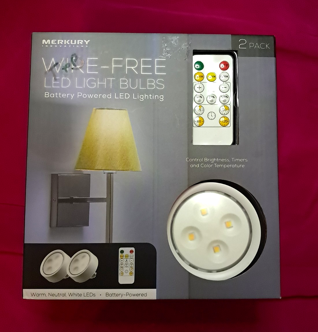 Merkury Innovations Wire-Free Battery LED Bulbs w/ Remote, Warm White, 2 Pack