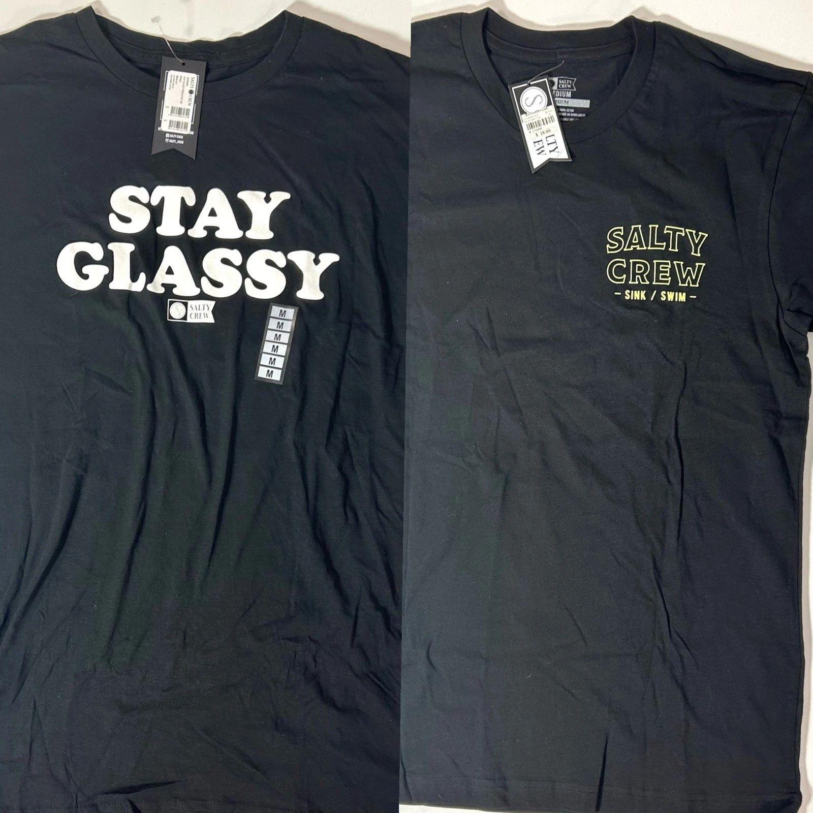2 Salty Crew Surf Medium Premium “Stay Glassy” Black Beach Fishing Shirts NWT