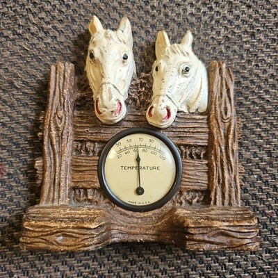 Vtg #764 Vintage ORNA Wood Horse heads over fence Indoor Thermometer 5.5x5''