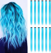 12PCS Colored Sky Blue Hair Extensions Party Highlights Colorful Clip in Hair