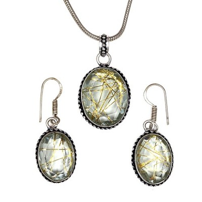 Rutile  Golden Set Earring Jewelry 18-20'' Pendant Quartz Sterling