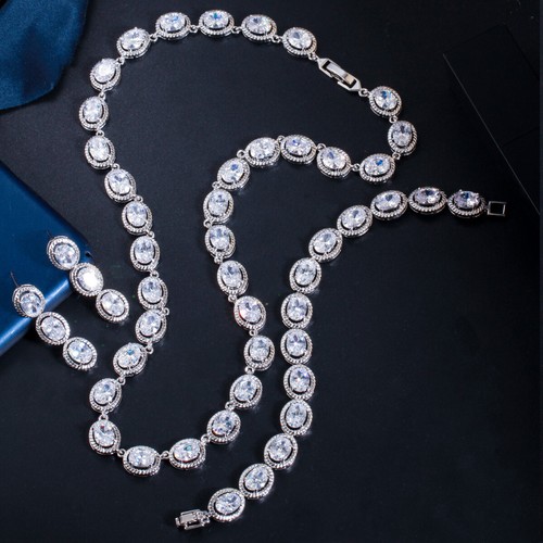 Conjunto de joyas enchapadas en plata circonita cúbica collar boda novia verde superior - Imagen 4 de 11