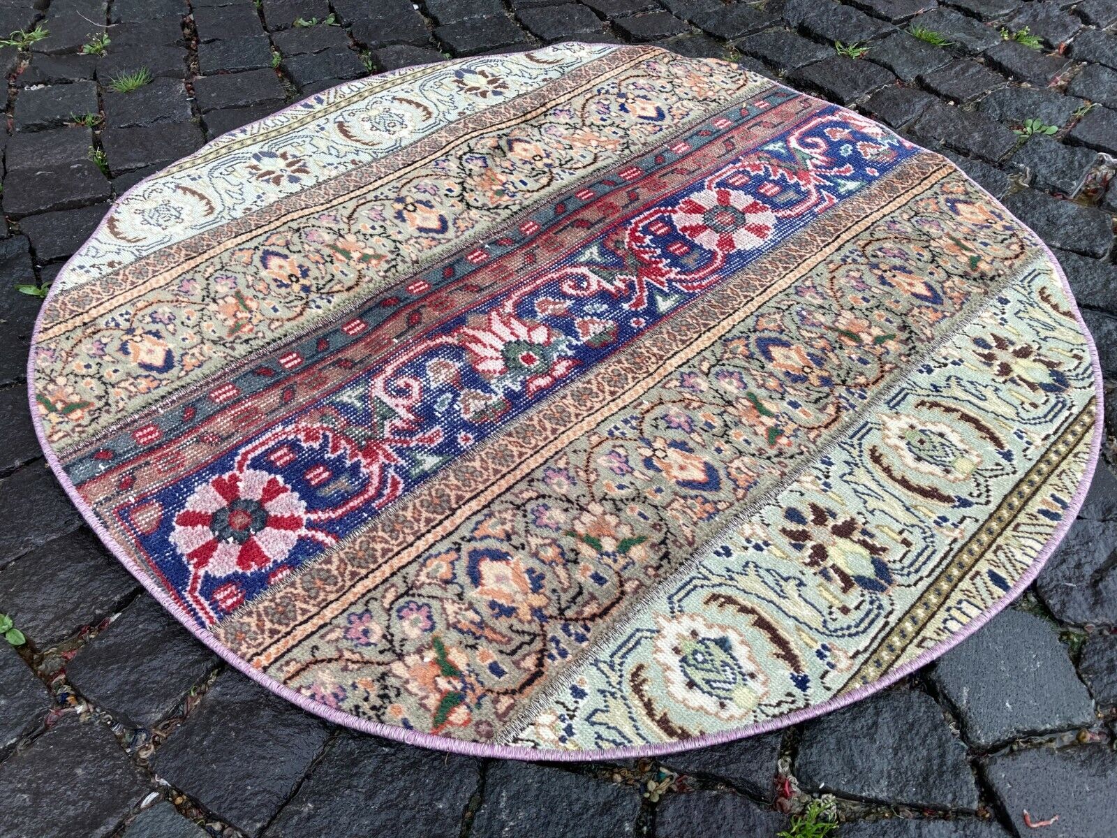 Patchwork Circle Area rug, Turkish rug, Vintage rug, Wool, Carpet | 3,2 ft