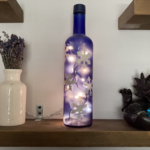 Blue Frosted Wine Bottle Light with White Snowflake Design Corded Plug - Picture 1 of 10