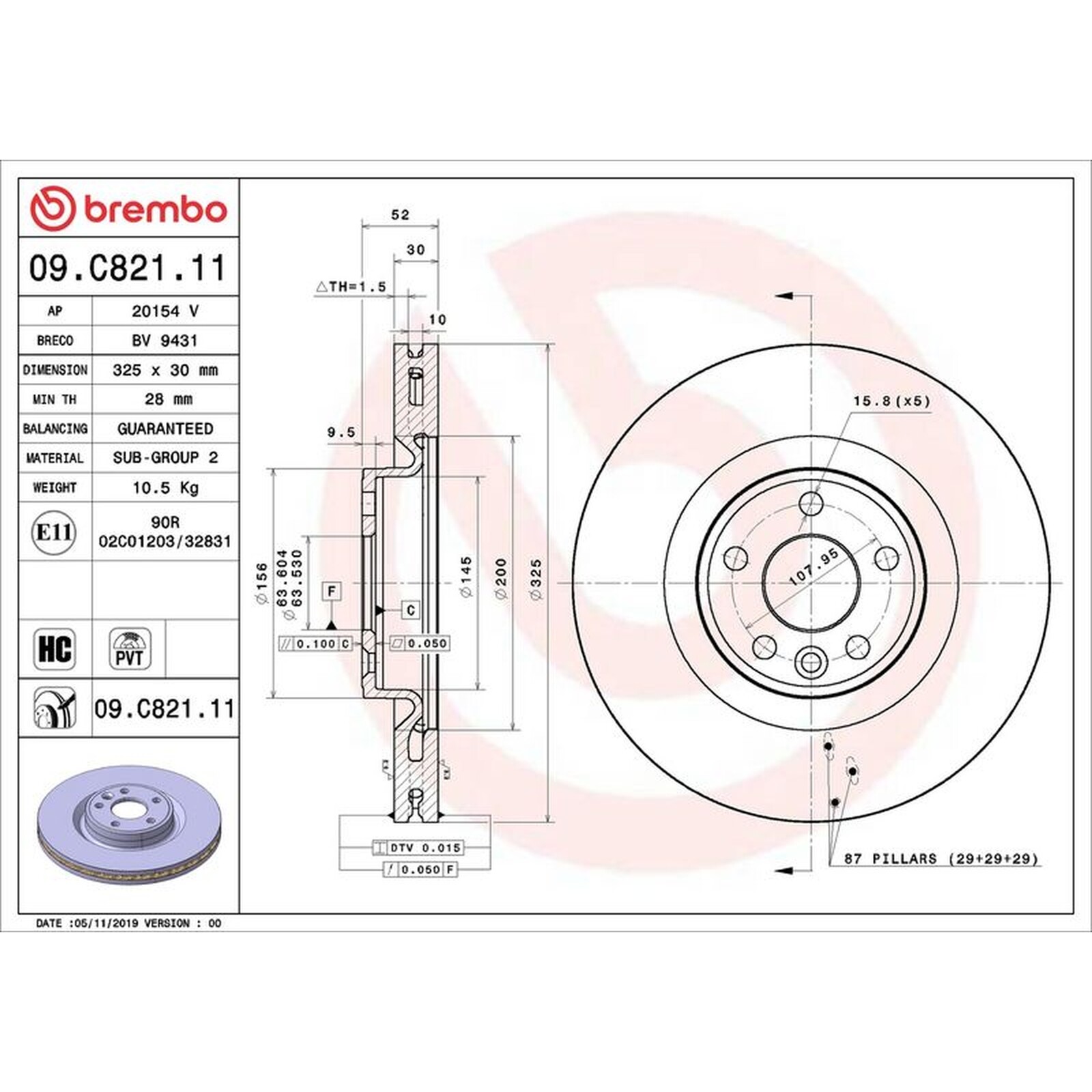 Brembo Prime Line UV Coated Vented Brake Disc 09.C821.11 - High Quality