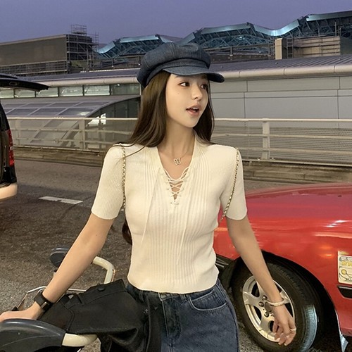 Sexy Short-sleeved Sweater For Women Pure And Sexy Slim And Elegant Top-j - Picture 13 of 13