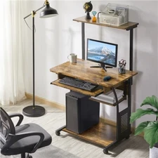 3 Tier Rolling Computer Desk w/Printer Shelf Keyboard Tray Rustic Mobile Desk 