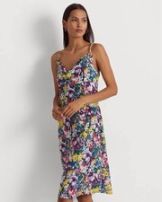 Ralph Lauren 328 Floral Silky Georgette Slip Dress with Gold Tone Chain Straps