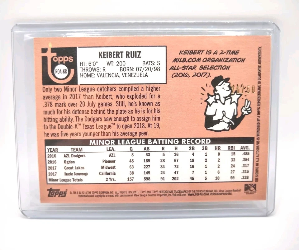 Keibert Ruiz Auto 2018 Topps Heritage Minor League Real One Black Rc #'d /50 - Image 4 of 4