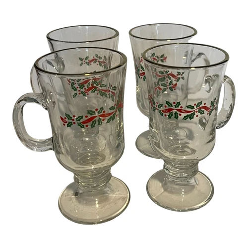 Set of 4 Pedestal Christmas Holly Berry Ribbon Gold Rim Coffee Cocoa Tea Mugs US
