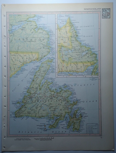 1957 Vintage NEWFOUNDLAND Atlas Map Old Antique MCM Encyclopedia Britannica