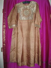 INDIA, SILK GARMENT SZ. M., MANGO COLORED W/ GOLD THREAD FRONT, 3/4 SLEEVES