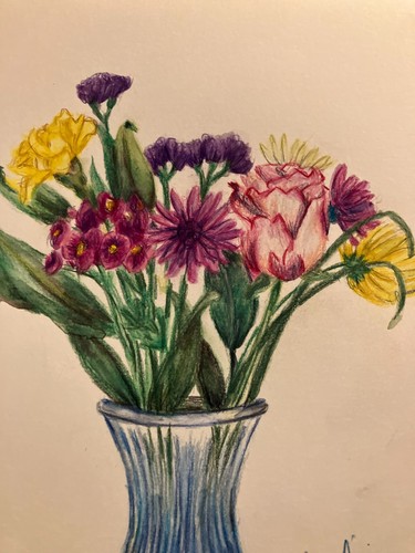 orignal colored pencil drawing flowers in vase. rose - 第 1/4 張圖片
