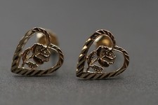 14K Solid Yellow Gold Diamond Cut 9MM Flat Heart With Rose Flower Stud Earring.