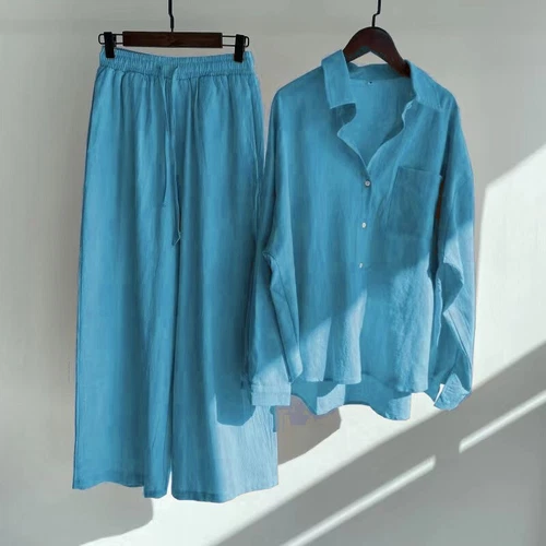 Women Lady Summer Solid Color Cotton Linen Suit Lapel Long Sleeve Top Leg Pants - Bild 21 von 42