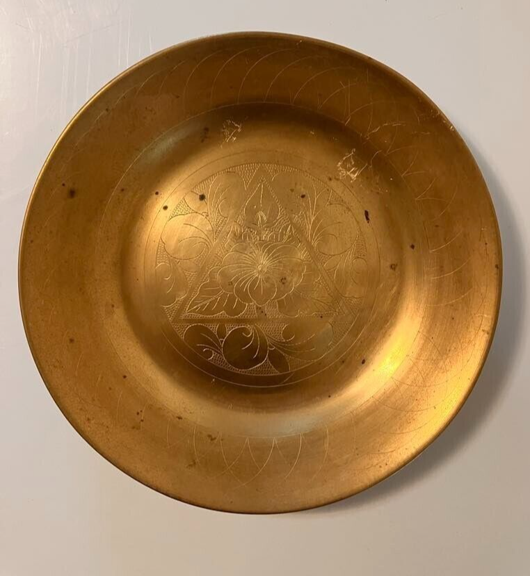 Vintage KOREAN Brass Heavy PLATE-Engraved Flower-Signed DONG