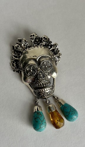 Sterling Silver Turquoise And Amber DIA DE LOS MUERTOS Skull Pendant Necklace - Picture 3 of 16
