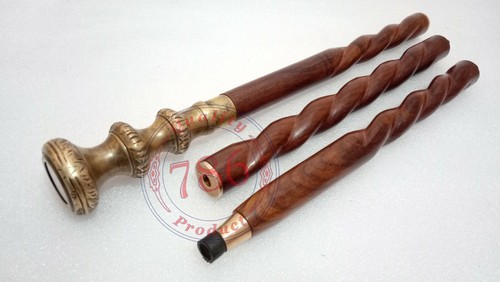 ANTIQUE BRASS COMPASS WOODEN WALKING STICK ROUND DESIGNER HANDLE WALKING CANE - Picture 3 of 6