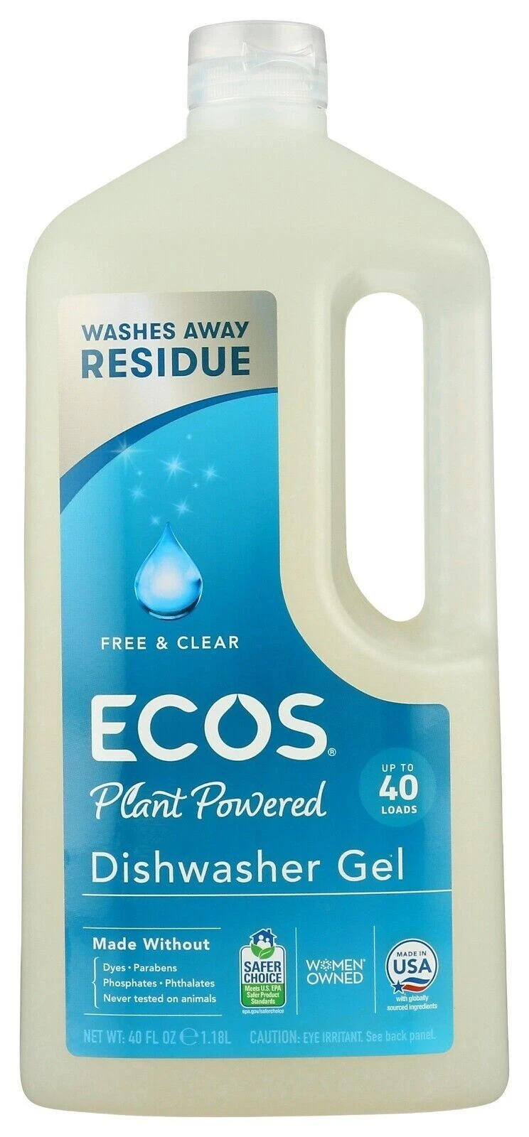 White bottle of Earth Friendly WAVE gel, blue cap, red “Washes Away Resideu” text, green plant-powered badge.
